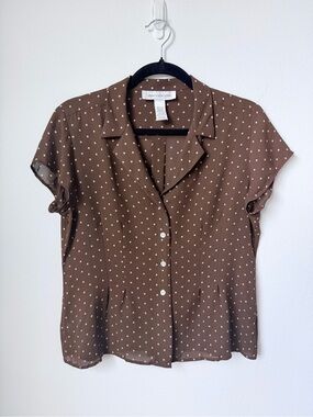 Jones New York Brown Blouse with Cream Polka Dots